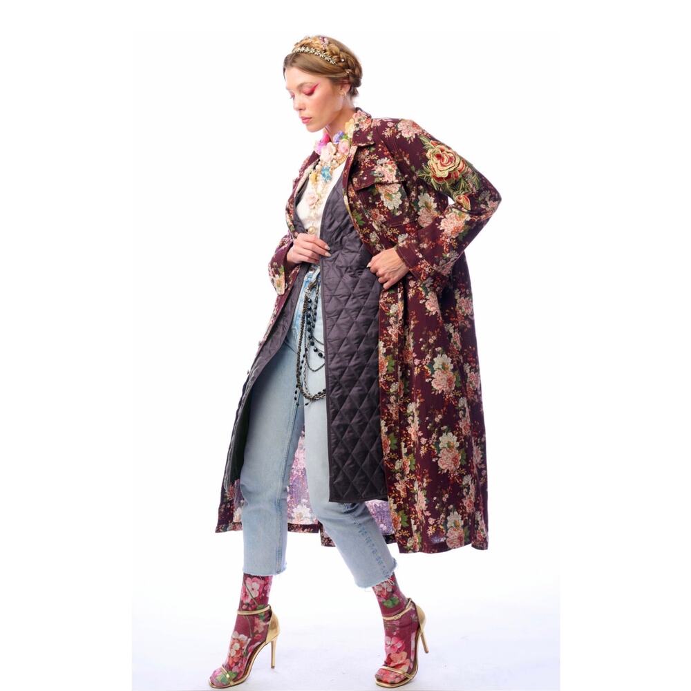 Aratta Floral Coat NWT Burgundy Embroidered Sleeve Jacket Size M
